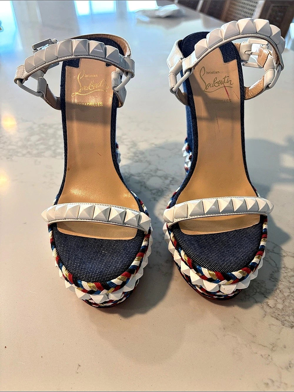Christian Louboutin Cataclou Denim and Leather Studded Wedge Sandals & Leather